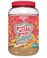 A container of Axe & Sledge Farm Fed Peanut Butter N'Honey whey protein powder.