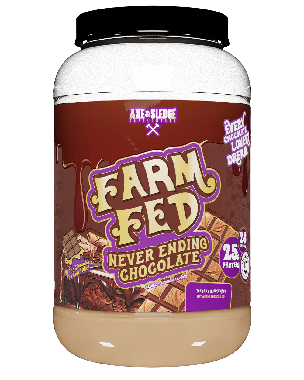 A container of Axe & Sledge Farm Fed NeverEnding Chocolate whey protein powder.