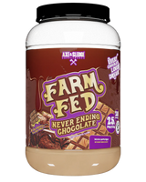 A container of Axe & Sledge Farm Fed NeverEnding Chocolate whey protein powder.