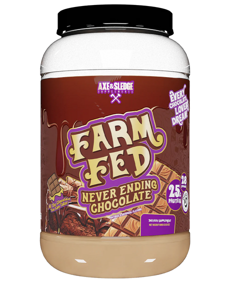 A container of Axe & Sledge Farm Fed NeverEnding Chocolate whey protein powder.