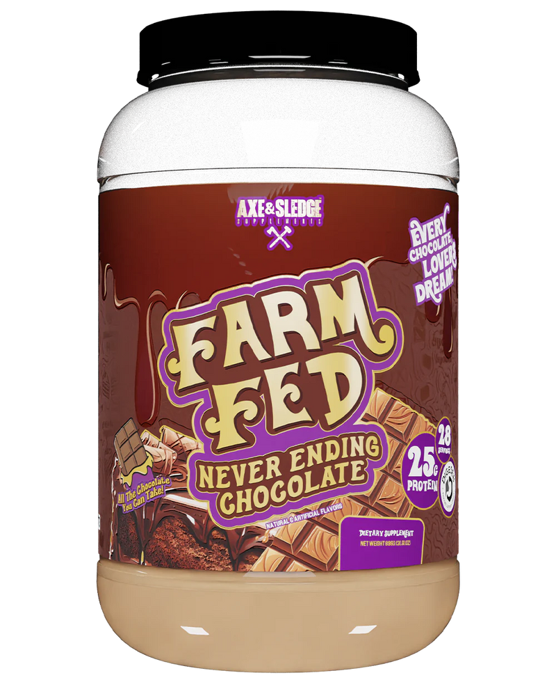 A container of Axe & Sledge Farm Fed NeverEnding Chocolate whey protein powder.