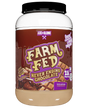 A container of Axe & Sledge Farm Fed NeverEnding Chocolate whey protein powder.