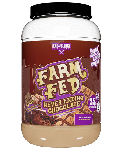 A container of Axe & Sledge Farm Fed NeverEnding Chocolate whey protein powder.