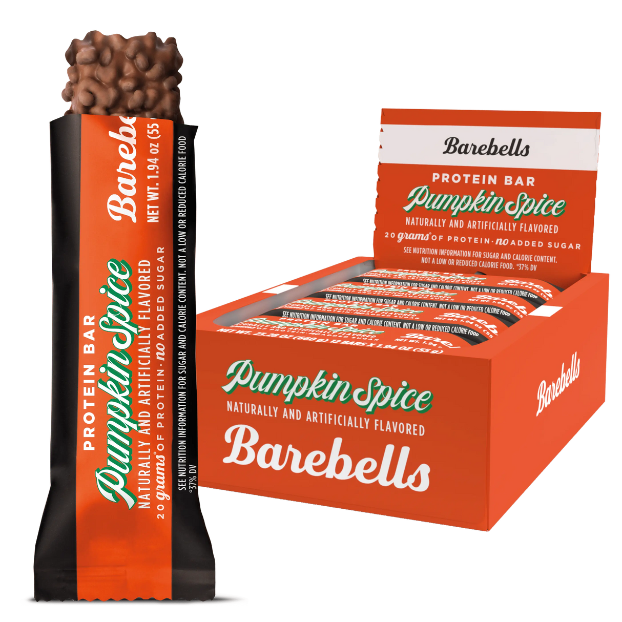 Barebells Pumpkin Spice protein bar packaging on a white background