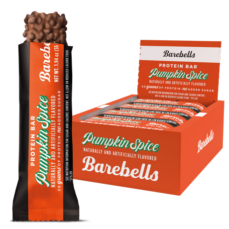 Barebells Pumpkin Spice protein bar packaging on a white background