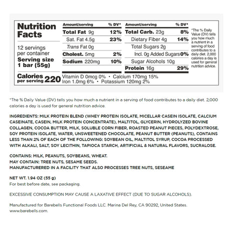 nutrition facts label for Barebells Protein Bars Marshmalllow Peanut Road