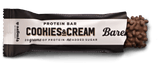 Barebells Cookies & Cream protein bar with visible branding on a black background