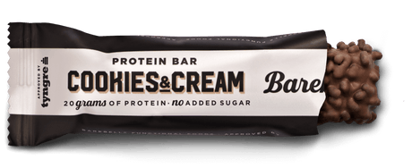 Barebells Cookies & Cream protein bar with visible branding on a black background