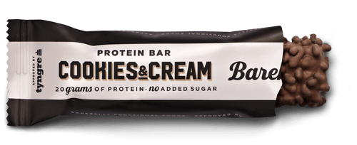 Barebells Cookies & Cream protein bar with visible branding on a black background