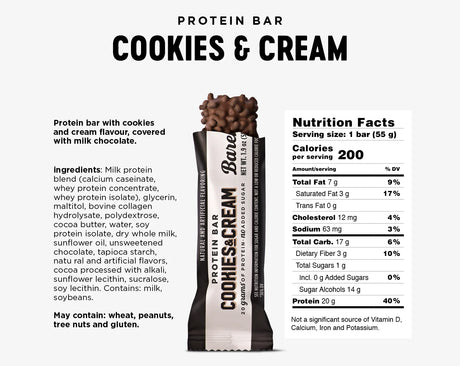Barebells Protein bar packaging with 'Cookies & Cream' flavor, including nutrition facts and ingredients list.