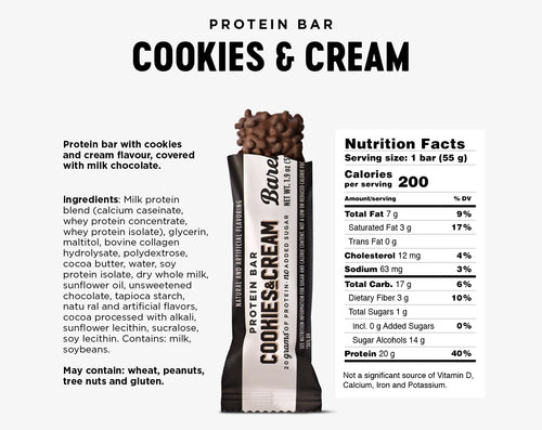 Barebells Protein bar packaging with 'Cookies & Cream' flavor, including nutrition facts and ingredients list.