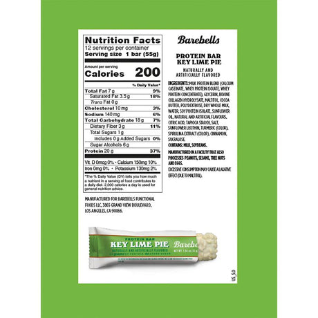 Barebells Protein Bars Nutrition facts label and key lime pie protein bar on a green background