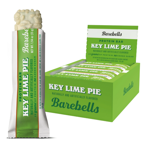 Barebells Key Lime Pie protein bar packaging on a white background