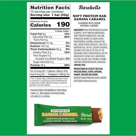 Nutrition facts label and Barebells Banana Caramel protein bar on a green background