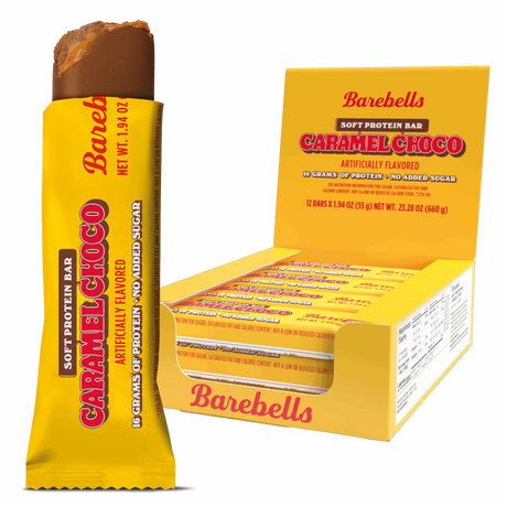 Barebells Caramel Choco protein bar packaging on a white background