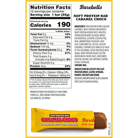 Nutrition facts label and packaging of Barebells Soft Protein Bar Caramel Choco on a white background.