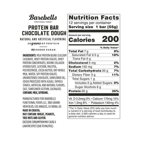 Nutrition label for Barebells Protein Bar in chocolate dough flavor on a white background.