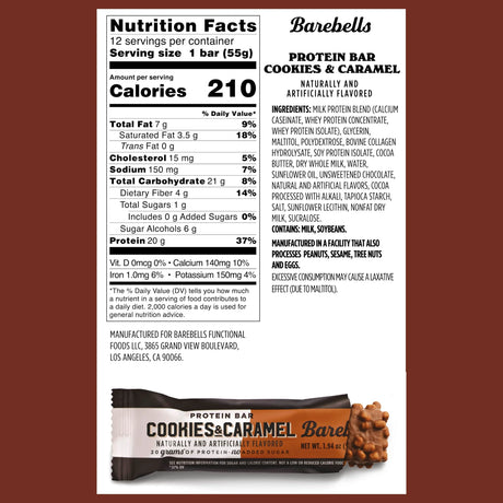 Nutrition label and packaging of Barebells Cookies & Caramel protein bar on a white background.