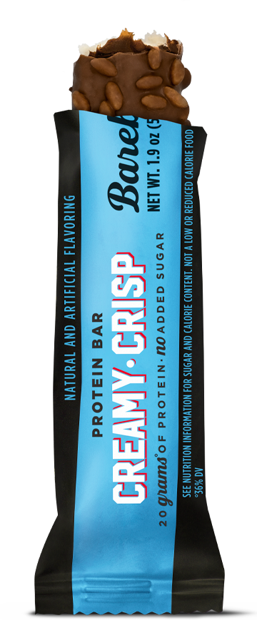 Barely Protein Bar in creamy crisp flavor packaging on a white background