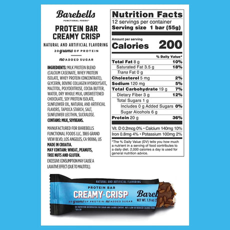 Barebells Creamy Crisp protein bar packaging with nutrition facts label on a white background