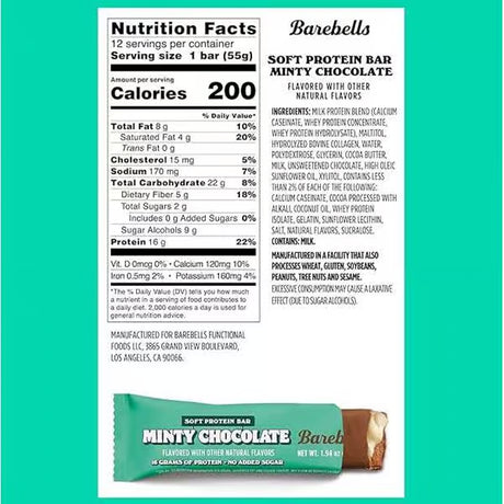 Barehells Minty Chocolate protein bar packaging with nutrition facts on a green background