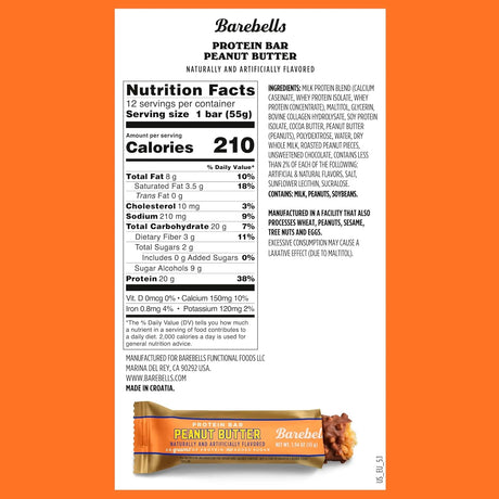 Nutrition label and Barebells protein bar on an orange background