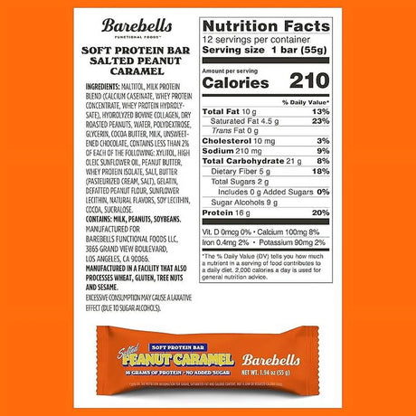 Nutrition facts label and Barebells Salted Peanut Caramel protein bar on an orange background