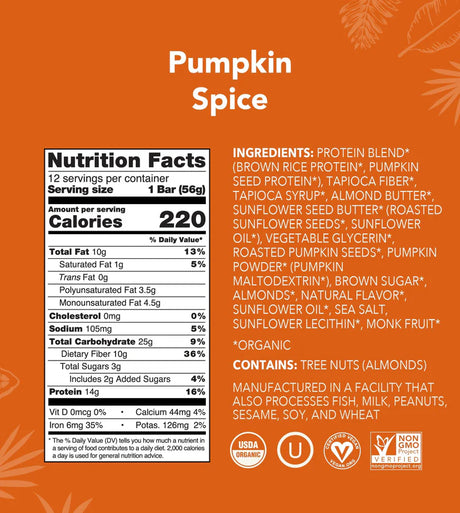 Barebells Protein Bars Nutrition facts label and ingredients list for pumpkin spice product on an orange background with pumpkin leaf designs.