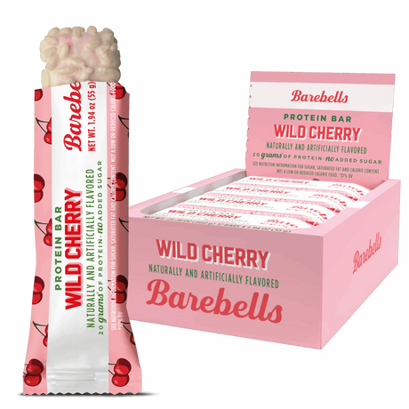 Barebells Wild Cherry protein bar packaging on a white background