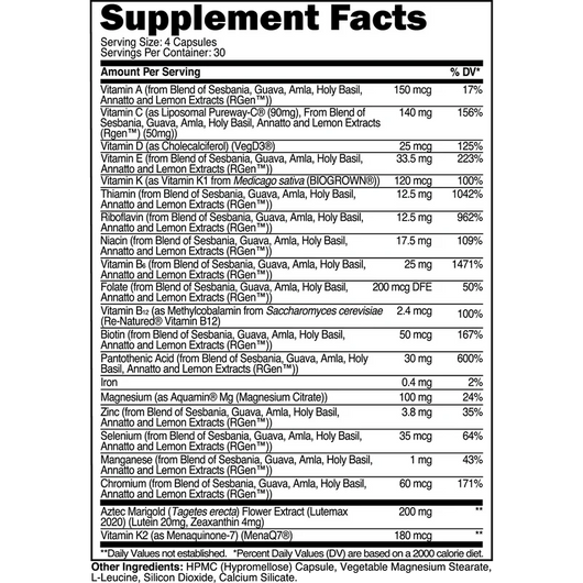 Transparent Labs All Natural Organic Multi Vitamins with Co-Factors ingredients panel showing what in it