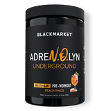 A container of Black Market Adrenolyn Underground pre-workout in Peach Rings flavor.