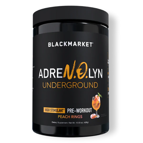 A container of Black Market Adrenolyn Underground pre-workout in Peach Rings flavor.