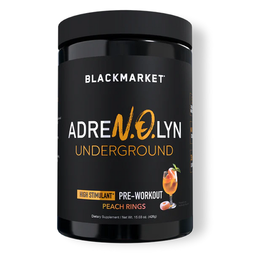 A container of Black Market Adrenolyn Underground pre-workout in Peach Rings flavor.