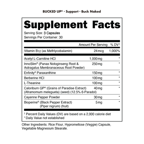 Bucked Up Buck Naked supplement facts showing metabolism and energy support ingredients including Vitamin B12, Acetyl L-Carnitine, InnoSlim, Paraxanthine, Berberine, L-Theanine, CaloriBurn GP, Cayenne Pepper, and BioPerine.