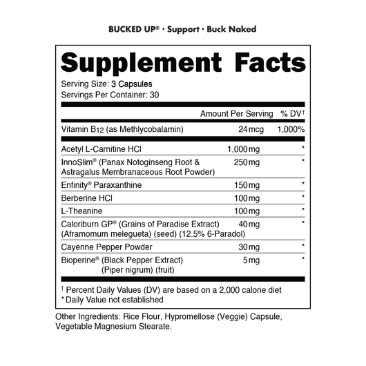 Bucked Up Buck Naked supplement facts showing metabolism and energy support ingredients including Vitamin B12, Acetyl L-Carnitine, InnoSlim, Paraxanthine, Berberine, L-Theanine, CaloriBurn GP, Cayenne Pepper, and BioPerine.