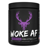 A container of Bucked Up Woke AF Pre-Workout supplement with a black background featuring purple and white text, and images of a deer and grape flavoring. The product is labeled as 'High-Stimulant' and 'Pump, Focus, Energy, Strength'.