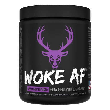 A container of Bucked Up Woke AF Pre-Workout supplement with a black background featuring purple and white text, and images of a deer and grape flavoring. The product is labeled as 'High-Stimulant' and 'Pump, Focus, Energy, Strength'.