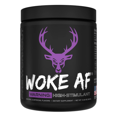 A container of Bucked Up Woke AF Pre-Workout supplement with a black background featuring purple and white text, and images of a deer and grape flavoring. The product is labeled as 'High-Stimulant' and 'Pump, Focus, Energy, Strength'.