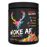 A container of Sour Bucks Flavored Bucked Up Woke AF Pre-Workout supplement with a black background featuring pink and white text, and images of a deer. The product is labeled as 'High-Stimulant' and 'Pump, Focus, Energy, Strength'.