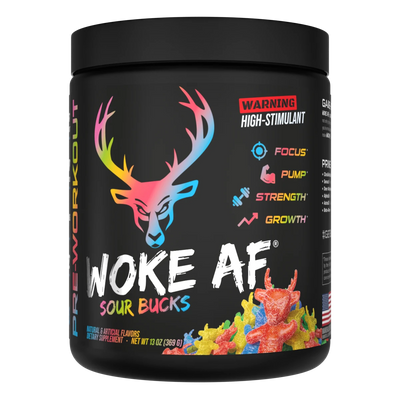 A container of Sour Bucks Flavored Bucked Up Woke AF Pre-Workout supplement with a black background featuring pink and white text, and images of a deer. The product is labeled as 'High-Stimulant' and 'Pump, Focus, Energy, Strength'.