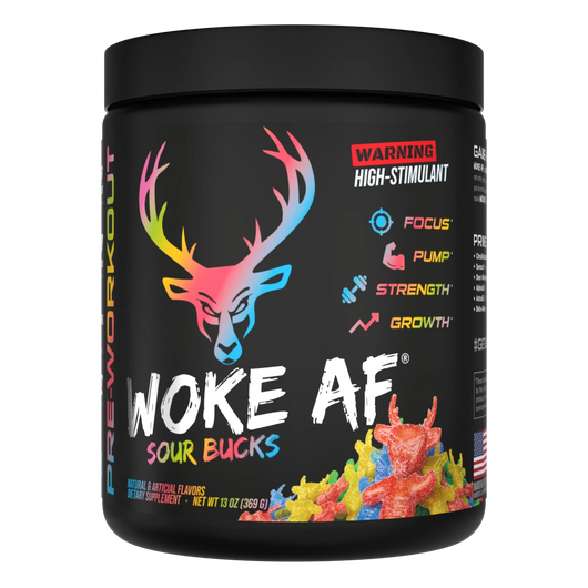 A container of Sour Bucks Flavored Bucked Up Woke AF Pre-Workout supplement with a black background featuring pink and white text, and images of a deer. The product is labeled as 'High-Stimulant' and 'Pump, Focus, Energy, Strength'.