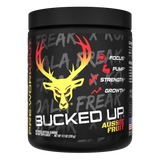 Container of Bucked Up Pre Workout Supplement with a black background featuring a white graphic of a deer head with Aussie fruit and text that reads 'BUCKED UP'.