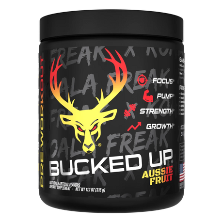 Container of Bucked Up Pre Workout Supplement with a black background featuring a white graphic of a deer head with Aussie fruit and text that reads 'BUCKED UP'.