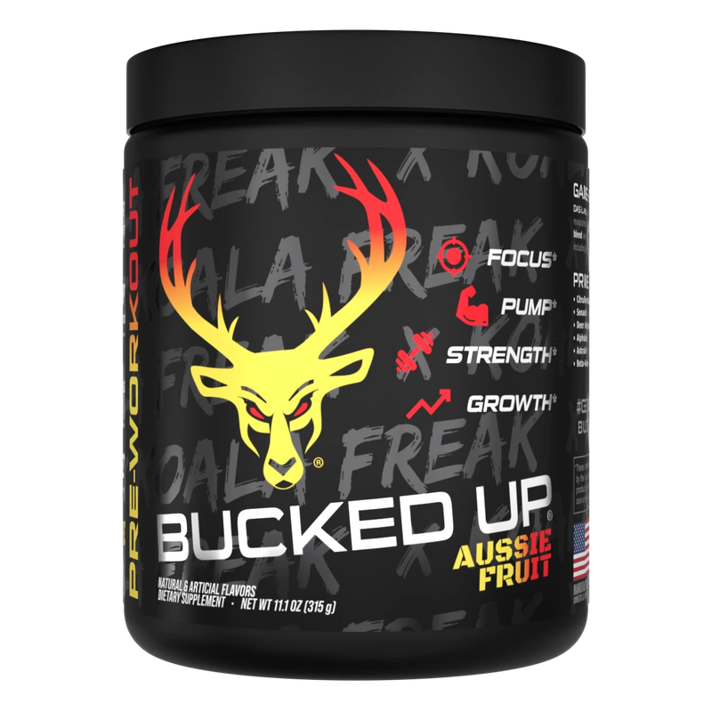 Container of Bucked Up Pre Workout Supplement with a black background featuring a white graphic of a deer head with Aussie fruit and text that reads 'BUCKED UP'.