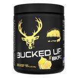 Container of Bucked Up Pre Workout Supplement with a black background featuring a white graphic of a deer head with BKFC lemonade flavor and text that reads 'BUCKED UP'.