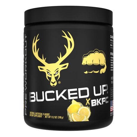 Container of Bucked Up Pre Workout Supplement with a black background featuring a white graphic of a deer head with BKFC lemonade flavor and text that reads 'BUCKED UP'.
