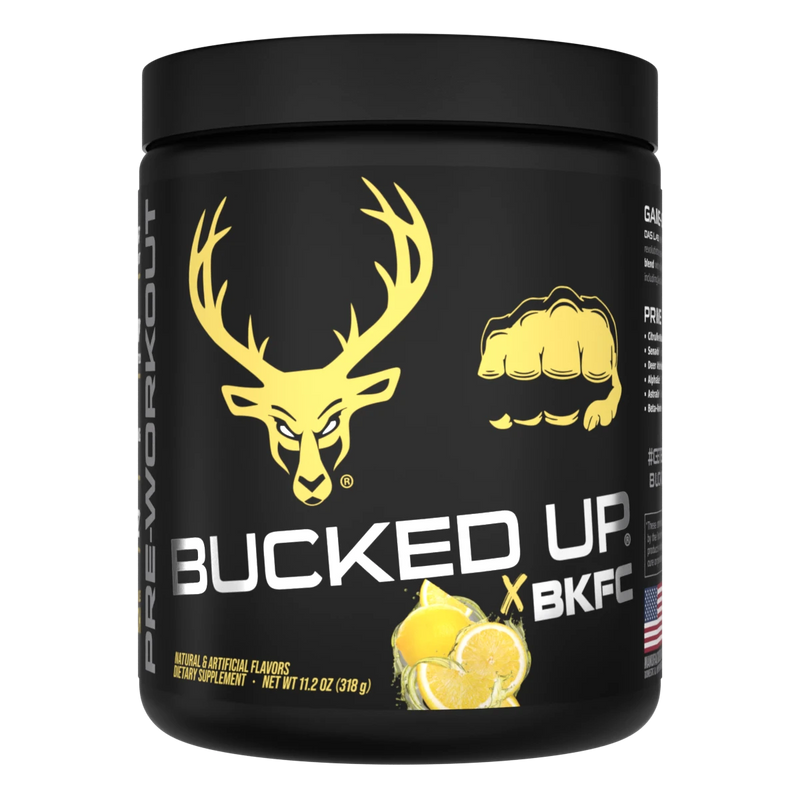 Container of Bucked Up Pre Workout Supplement with a black background featuring a white graphic of a deer head with BKFC lemonade flavor and text that reads 'BUCKED UP'.