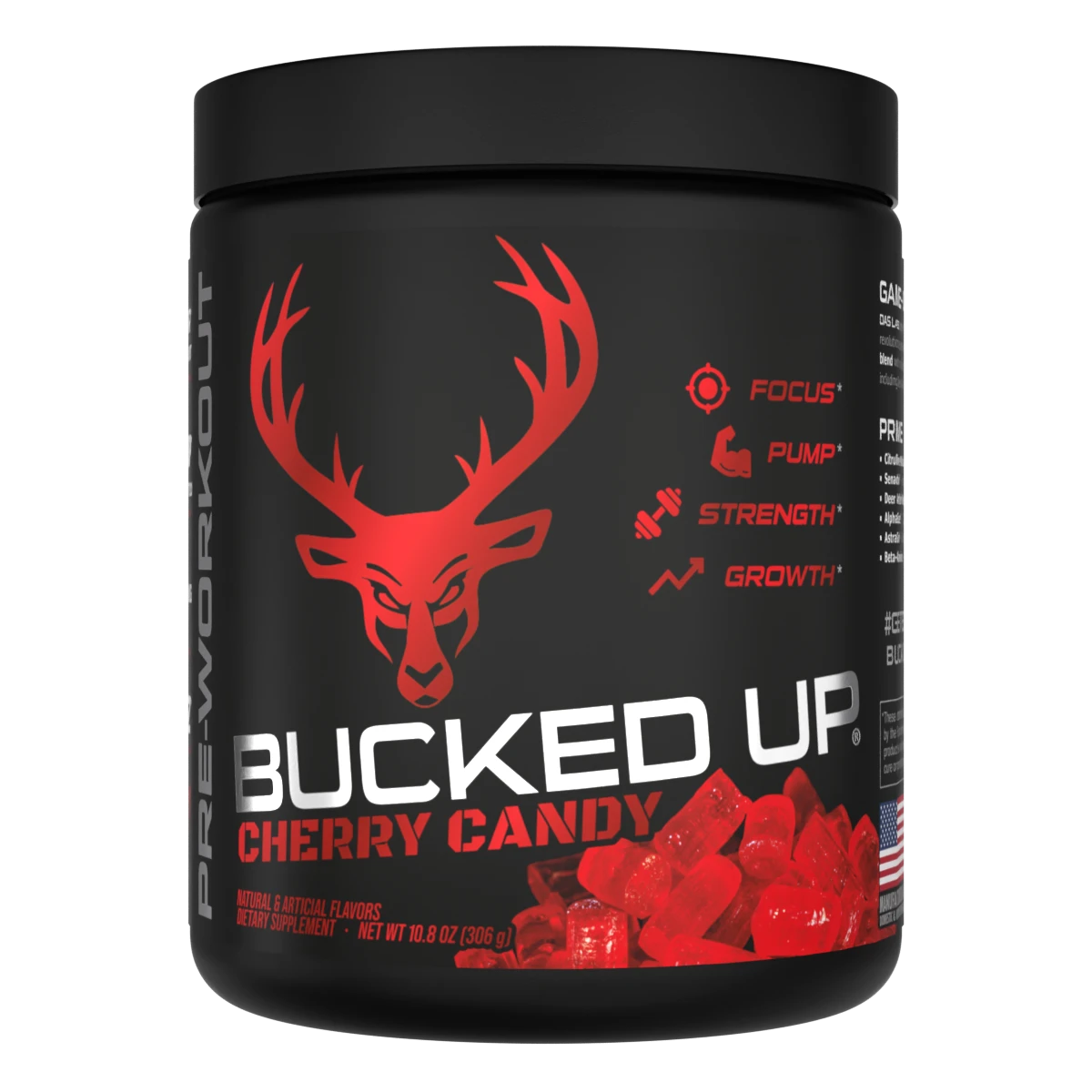 Container of Bucked Up Pre Workout Supplement with a black background featuring a white graphic of a deer head with Red colors for Cherry Candy Flavor and text that reads 'BUCKED UP'.