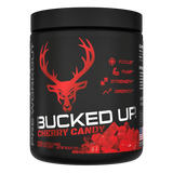 Container of Bucked Up Pre Workout Supplement with a black background featuring a white graphic of a deer head with Red colors for Cherry Candy Flavor and text that reads 'BUCKED UP'.
