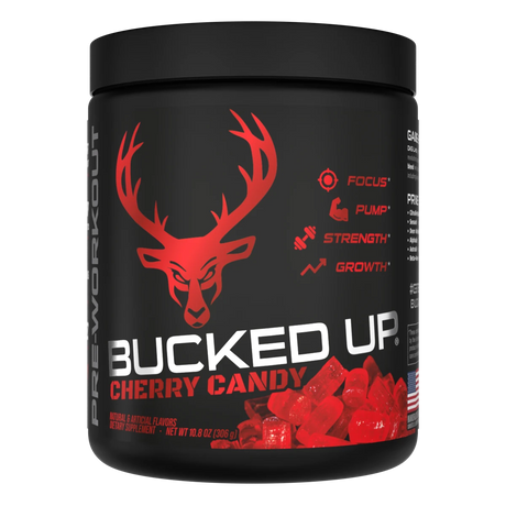 Container of Bucked Up Pre Workout Supplement with a black background featuring a white graphic of a deer head with Red colors for Cherry Candy Flavor and text that reads 'BUCKED UP'.